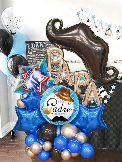 36pcs/Set Father's Day Balloon Set - "I Love You Dad, Happy Father's Day" Balloons, Silver "PAPÁ" Foil Banner, Blue Latex Balloons, Black Mustache Balloons, Star Balloons, For Father's Day Celebration Decoration, Room Decor, Father's Day Party Supplies, Mustache Theme Decor, Dad's Birthday, Best Dad Holiday Decorations, Photo Props, Gifts For Dad, Father's Day Balloon Arch