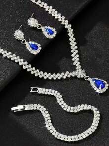 Set de 3 piezas de joyería (collar, aretes, pulsera) de metal plateado y rhinestones, accesorios nupciales/de boda - azul real - Ver 5