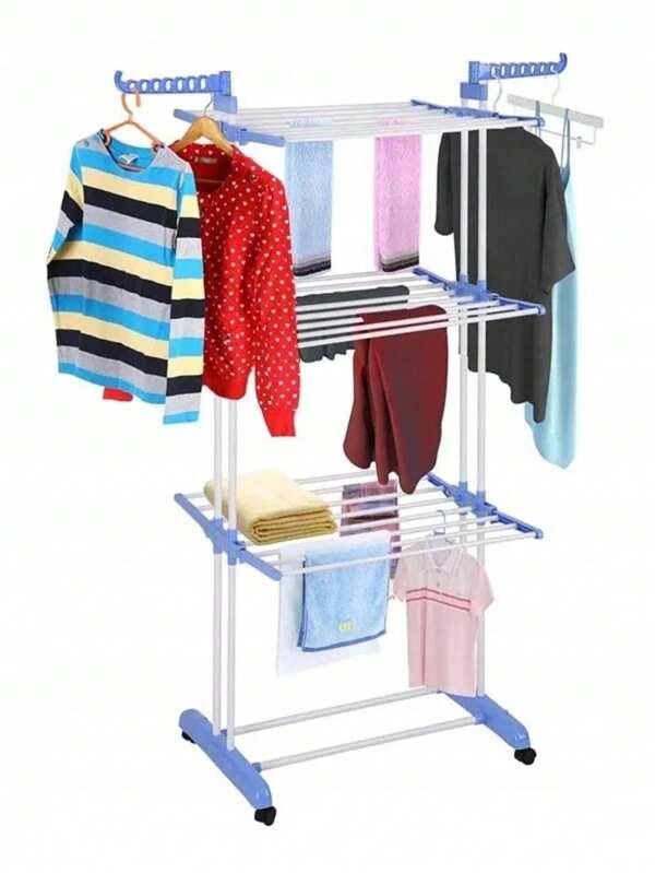 SÈCHE-LINGE GRAND XXL VÊTEMENTS ET SOUS-VÊTEMENTS DEBOUT PLIABLE NOIR et bleu balcon, buanderie, vertical autonome 'Étendoir à linge, étendoir à linge pliable en acier inoxydable, étendoir à linge mobile, avec 4 roulettes, tiges de séchage pour vêtements, vêtements, étendoir' 4 niveaux, sur roulettes, réglage de la largeur, ailes pliables, étendoir à linge, porte-cintres