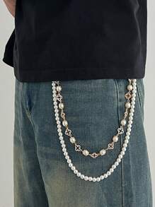 1 pieza Cadena de cinturón elegante minimalista retro con corazón y con perla artificial, cadena corporal personalizada de hip-hop para hombre, para decoración de pantalones