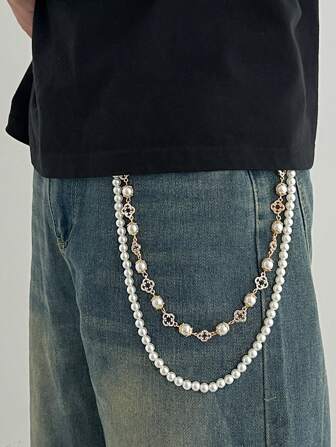 1pc Retro Elegant Minimalist Rhinestone Flower & Faux Pearl Waist Chain, Men's Hip-Hop Fashion Charm Body Chain, For Pants Decoration