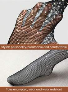Women's Sexy Large Crystal Rhinestone Glitter Mesh Socks, Shiny Glossy Mesh Eye Hollow-Out Tights, Suitable For Rave Parties, Daily Commuting, And Outdoor Wear, Stockings, Leggings