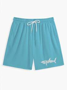 3 piezas Pantalones cortos de verano para hombre con cordón, estampado gráfico de letra de tiburón en estilo hawaiano, esencial para vacaciones