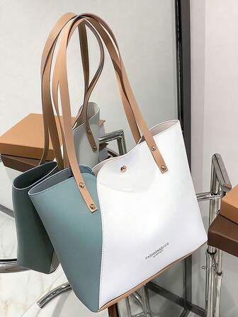 Women'S Color Block Tote Bag - Large Capacity, Shoulder Strap, Magnetic Closure, Available In White, Pink, Light Brown, Perfect For Commuting, Shopping, And Casual Use, Shopping Bag | Fashion Tote | Durable Handle