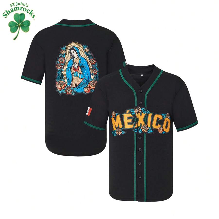 Kekambas Mexico Guadalupe Embroidered Baseball Jersey,Men's Gift,Button Short Sleeve Sports Jersey,Loose Breathable Soft Comfort V-Neck Top Jersey Men