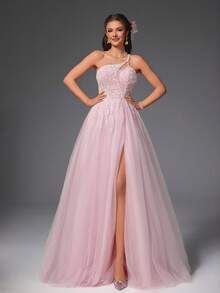 VIPGIRL Elegant Light Pink Asymmetrical Neck Beaded Tulle Prom Dress For Women, A-Line Evening Gown With High Slit, Dreamy Formal Ball Gown, Mesh Graduation Party Dress,Women's Formal Wear,Formal Long Dress, For Wedding Guest - 淡紫色 - 查看 4