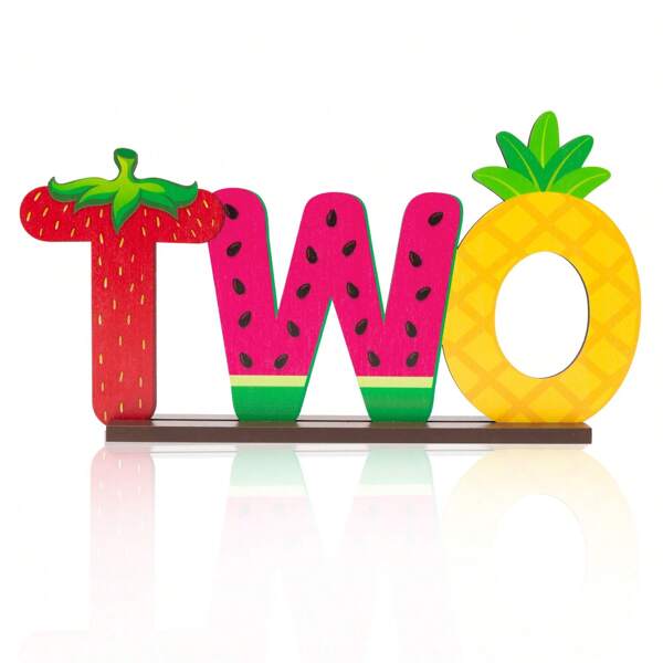 2Pcs TWO Wooden Party Ornament Set Cartoon Fruits/Cow/Train Theme Print Wood Desktop Centerpiece Gender Reveal Party Decoration For Birthday Anniversary Family Time Friends Gathering