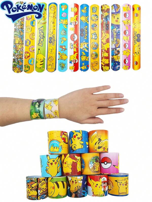 pokemon 1/12pcs Cartoon Slap Bracelet, 12 Unique Designs, Fun Party Favors And Holiday Decorations, Perfect For Birthday Parties, Events And Celebrations, Colorful Slap Bracelet With Cute Patterns, Suitable For All Ages Birthday Gift Toy,