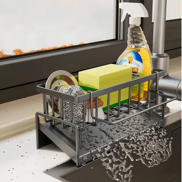 1 Piece Kitchen Storage Rack, Cloth Rack, Sink Drain Rack, Drain Basket Countertop, Multifunctional Sponge Rack, Storage Rack With Detachable Cloth Rack, Soap Dispenser Scrub Rack For Bathroom Storage