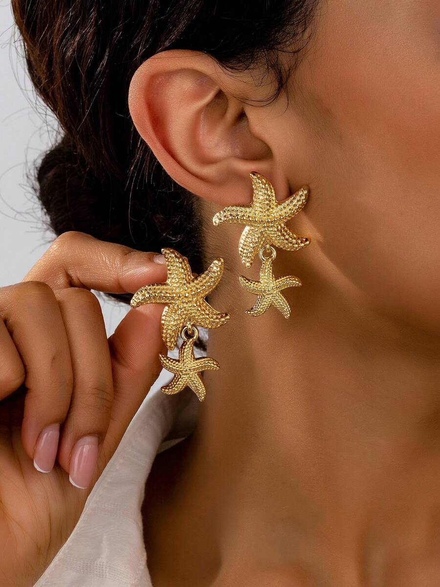 1 Pair Geometric Starfish Earrings, Suitable For Daily Wear - Yellow Gold - View 1