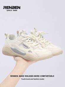 1 par de zapatillas de suela gruesa para mujer Renben con empeine de malla, cierre de cordones frontal, textil gris, de estilo vintage, cómodo diseño de plataforma para uso casual al aire libre en verano, adecuado para usar con faldas y pantalones, un popular modelo de zapato femenino de moda para 2025