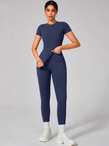 Set aus Damen feuchtigkeitsableitendem Rundhals-Oberteil und Fitnesshose, für Frühling/Sommer