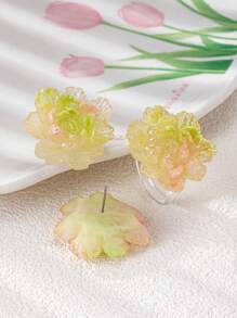 Set de 3 piezas de pendientes y anillo con diseño floral degradado verde minimalista, adecuado para uso diario y festivo de las damas
