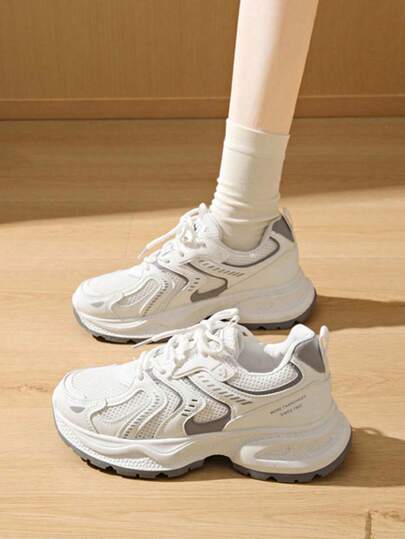 Women's Spring Autumn New Sports Chunky Sneakers, Mesh Breathable Platform Low Vamp Wedge Heel Casual Shoes, Lightweight Versatile Fashion Casual Lace-Up White Grey Sneakers