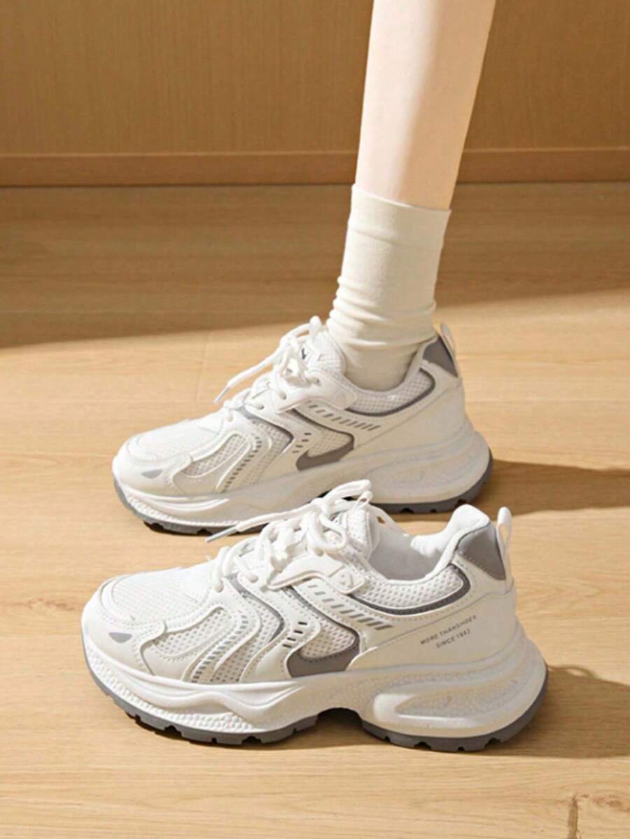 Women's Spring Autumn New Sports Chunky Sneakers, Mesh Breathable Platform Low Vamp Wedge Heel Casual Shoes, Lightweight Versatile Fashion Casual Lace-Up White Grey Sneakers - White - View 1