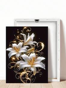 1 pieza de arte en lienzo sin marco, lirios blancos y dorados elegantes sobre fondo negro, adecuado para dormitorio, sala de estar, comedor, cafetería, oficina, estudio, pasillo, decoración de pared de dormitorio, arte estacional para otoño y primavera, decoración de pared, decoración del hogar, pintura en lienzo para decoración de habitación, regalo de cumpleaños y graduación - Multicolor - Ver 7