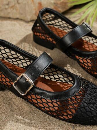 2025 Autumn Women's Black Fishnet Hollow Bandage Design T-Strap Mary Jane Ballet Flats, Lightweight Casual Outdoor Beach Bohemian Style, Versatile Luxury Fashion Party Shoes Recommended By Influencers