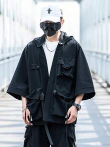 Veste coupe-vent à capuche amovible, style workwear japonais fonctionnel, manches courtes, unisexe, été, avec plusieurs poches, léger, automne - Noir - Voir 5