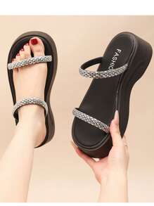 Women's Thick Sole Wedge Platform Sandals, Rhinestone Decorated For Beach, Vacation, Party, White Color