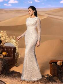 Faeriesty Haute Glamour Gorgeous Beaded Mermaid Evening Gown With Sheer Long Sleeves & Cascading Arc Pearl Chain For Luxury Evening Galas & Glamorous Banquet Debut