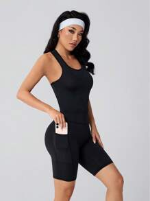 1pc Women's Dual Side Pocket Yoga Shorts - Summer Outdoor Sports Tight Fitted 5-Point Pants, High Waist High Elastic Thin Fitness Shorts