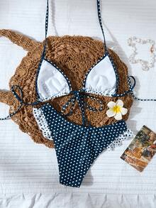 2pcs Women New Bikini Set, Fashion Backless Ditsy Floral Polka Dot Ruffled Metal Decor Popular Swimwear Vacation Beach Summer - Navy Blue - View 4