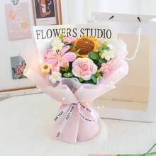 1pc Handmade Eternal Knitted Flower Bouquet, Knitted Tulips & Roses Therapeutic Preserved Flower Birthday/Graduation Gift