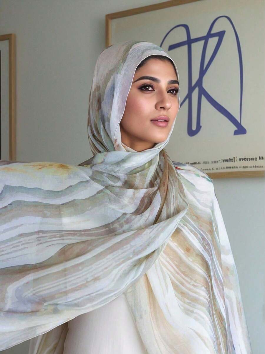 1pc Women's Bohemian Landscape & Marble Print VELA Hijab Alternative, Autumn/Winter Street Style Unisex Scarf, Suitable For Daily Wear - Beige - View 1
