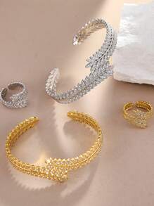 European And American Bracelet Set Including Electroplated Real Platinum-Plated Bangle, High-Grade Zirconia Opening Bangle, Rose Gold Bangle & Ring