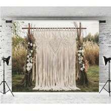 1pc2D Bohemian Outdoor Wedding Theme Beige Floral Handmade Tassel Pattern Background Fabric For Outdoor Wedding Party Decoration Banner Photography Background Vinyl
