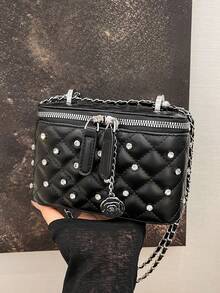 BEIKAMU 1 件独特设计菱形化妆包，时尚口红零钱包，优雅链条单肩斜挎包 - 黑色 - 查看 7