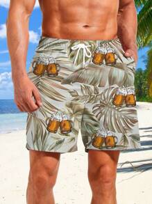 3 piezas Shorts de playa de verano para hombre con cordón, con estampados de hojas y cervezas de moda, ideales para vacaciones en la playa, hawaianos