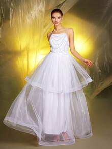 White Spaghetti Strap Sequin & Beaded Net Patchwork Wedding Dress Gown - White - View 4