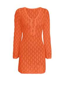 女士V领透视网纱镂空系结纽扣钩编长袖罩衫，性感纯色修身迷你针织沙滩比基尼连衣裙，春秋季 - 橘色 - 查看 9