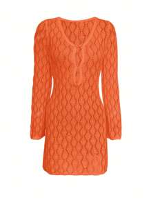 Women's Summer Vacation V-Neck Sheer Mesh Hollow Out Knot Button Crochet Long Sleeve Cover Up Sexy Solid Color Bodycon Mini Knit Beach Bikini Dress, Spring Fall
