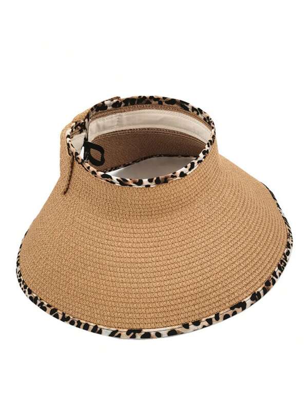 1pc New Women's UV Protection Open-Top Straw Hat, Portable Outdoor Sun Protection And Shading Hat, Leopard Print Large Brim Sun Hat, Outdoor Sports Sun Protection Daily Matching