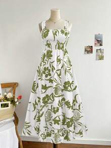Women's Long Printed Spaghetti Strap Maxi Dress - Green - View 8
