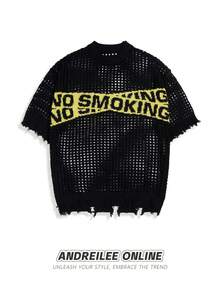 Herren lässiges, weites Pullover-Top mit Hohlbuchstaben-Muster, rundem Ausschnitt und Kurzarm, sportlicher College-Stil, Frühling/Sommer, Emo