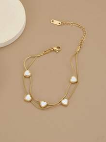 1pc Cloud White Natural Shell Heart Shaped Stainless Steel Sweet Cute Anklet For Women