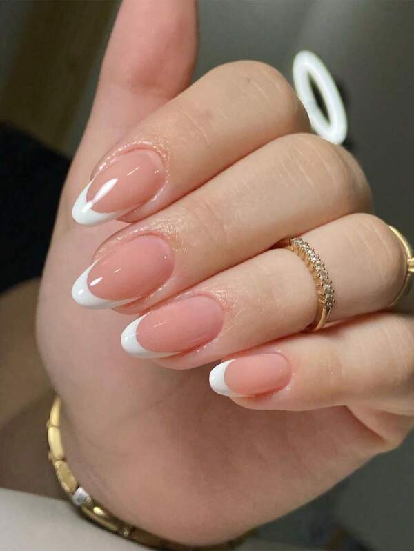24pcs Medium Almond White French Press-On Nails, Minimal Style False Nails Suitable For Women & Girls