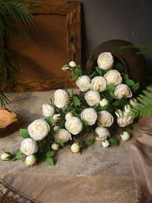 1 pièce Fleur artificielle réaliste en PU ressemblant à de la soie avec 4 fausses roses roses et blanches - Décoration de maison de style ferme moderne pour mariage, Pâques, fournitures de fête de printemps - Décoration de chambre, salon, jardin et mur de style vintage pour l'automne