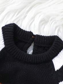 Baby Sweater Romper Striped Long Sleeve Round Neck Pumpkin Face Print Bodysuit Infant Halloween Outfit - Black - View 6