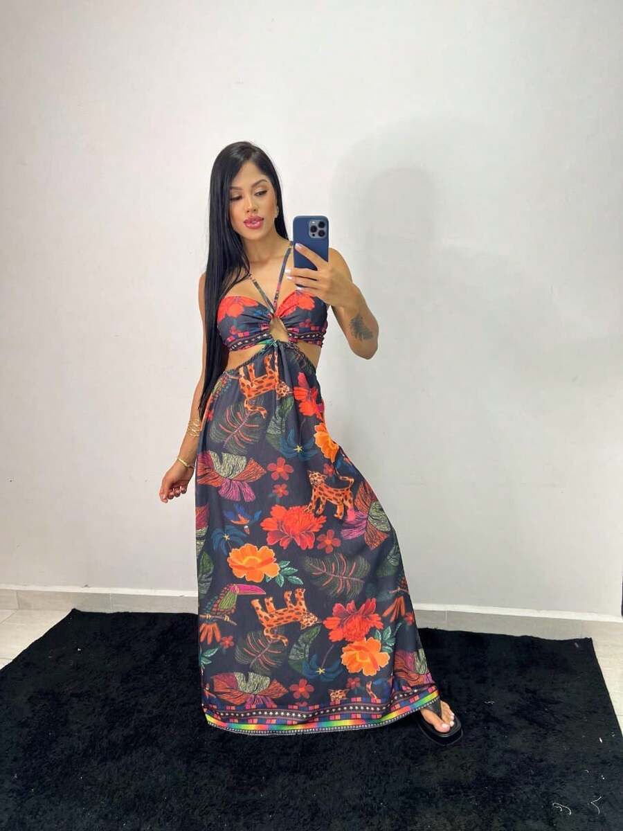 Long Floral Dress With Slight Cutout At The Waist - 水鴨藍 - 查看 1