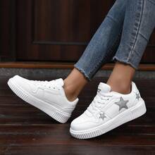 Plus Size Women/Men's Thick Sole Flat Skateboard Shoes, Star Printed Casual Sneakers, Korean Style Fashion Student Leisure Skate Shoes