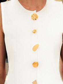 Chaleco de punto elegante y de moda para mujer, de unicolor, sin mangas, con cuello redondo, abierto por delante, con botones metálicos vintage, para uso en el trabajo