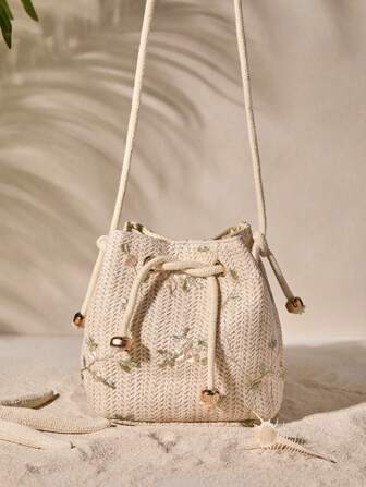 Tropiscape Mini Floral Embroidered Drawstring Detail Vacation, Straw Purse, White Straw Beach Bag, Beach Necessities, Beach Essentials,Beach Stuff & Summer Essentials Beach Autumn Winter Gifts