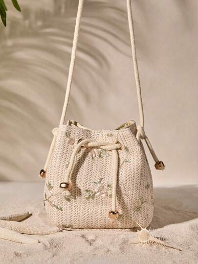 Tropiscape Mini bolso de paja blanco con bordado floral y cordón, bolso de playa, necesidades de playa, artículos de playa y accesorios esenciales de verano