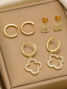 3 Pairs Elegant Fashion Flower Shape Cubic Zirconia Stainless Steel Earrings Set, Suitable For Parties, Dates, Daily Outfit, And As Gifts For Friends - Yellow Gold - View 3