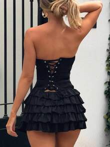 Women Y2K Strapless Short Dress Backless Tube Ruched Ruffle Mini Dress Floral Flowy Sleeveless Bodycon Sundress - Negro - Ver 3