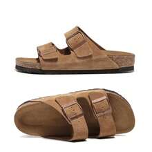 Women Sandals Slip On Comfortable Adjustable Buckle Cork Footbed Easy Wear - Nâu nhạt - Xem 1